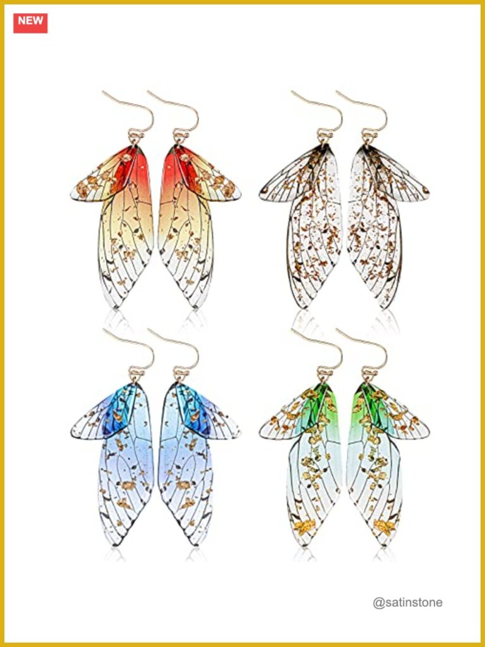 Butterfly Wing Drop Dangle Earrings Epoxy Alloy 4 Pairs